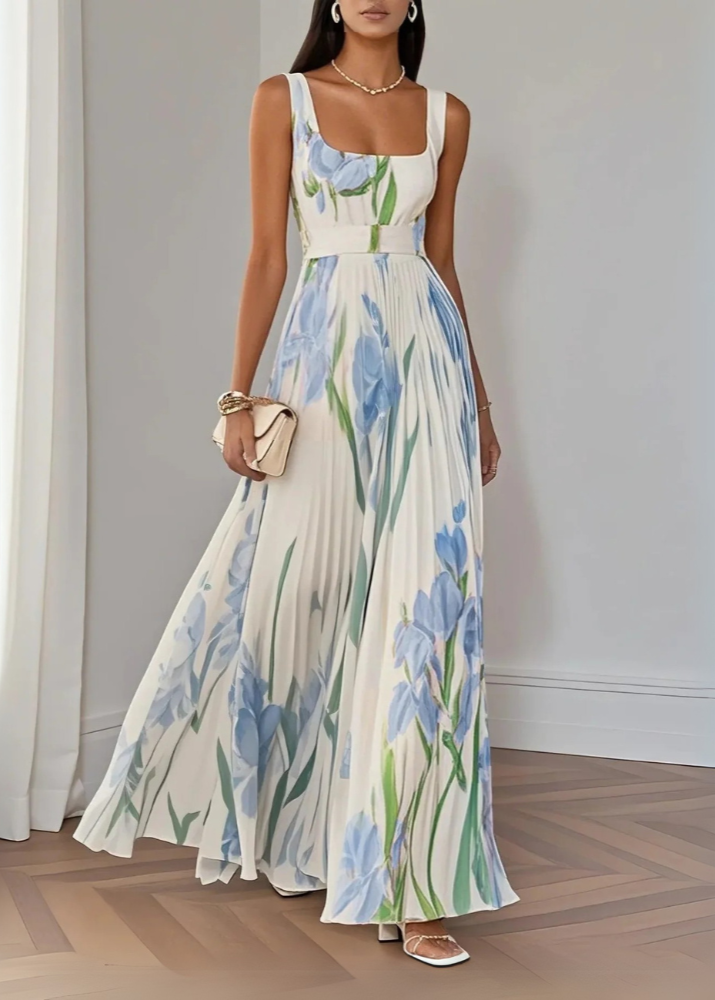 Asirem™ – Elegant Pleated Floral Maxi Dress