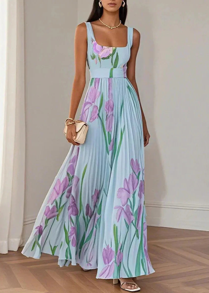 Asirem™ – Elegant Pleated Floral Maxi Dress
