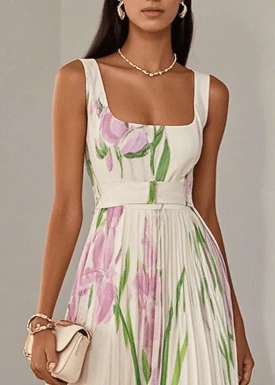Asirem™ – Elegant Pleated Floral Maxi Dress