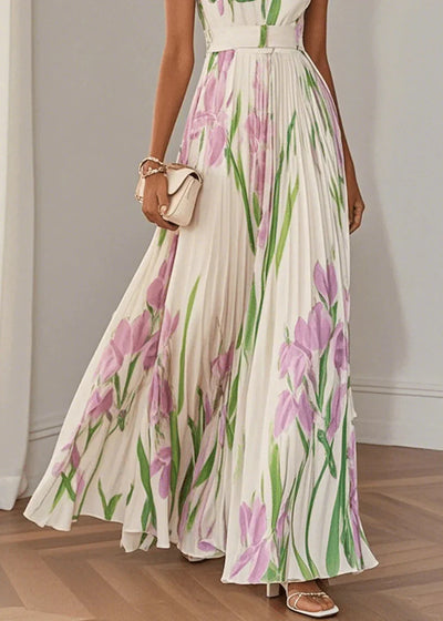 Asirem™ – Elegant Pleated Floral Maxi Dress