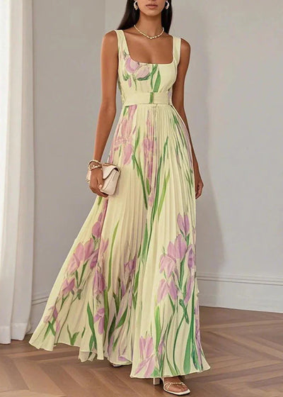 Asirem™ – Elegant Pleated Floral Maxi Dress