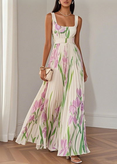 Asirem™ – Elegant Pleated Floral Maxi Dress